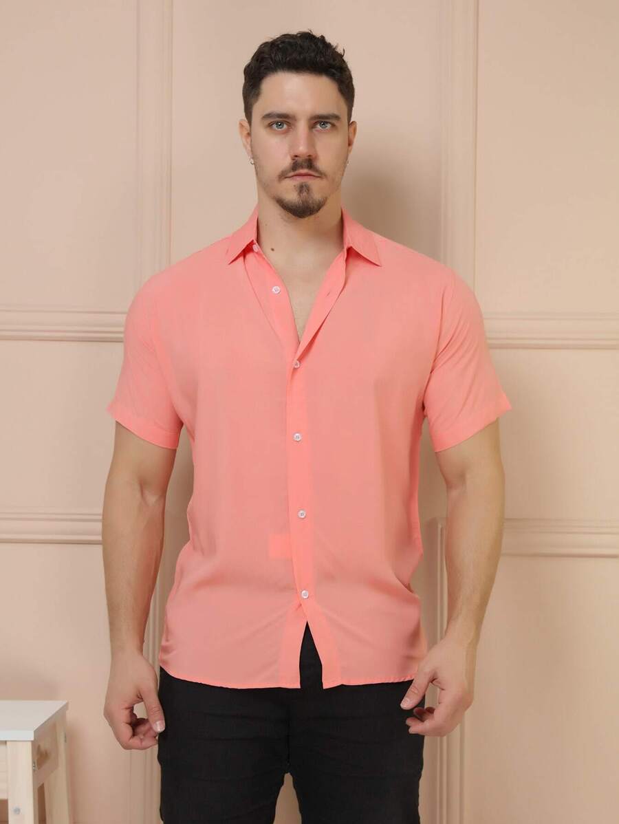 Camisa Social Masculino Manga Curta De Botão Lisa