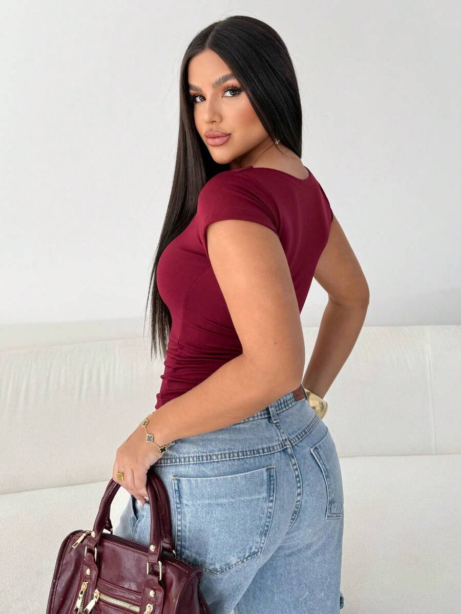 Blusa Feminina Básica Decote Quadrado Manga Curta Baby Look