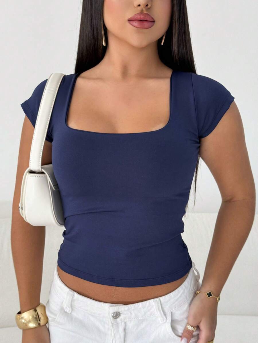 Blusa Feminina Básica Decote Quadrado Manga Curta Baby Look