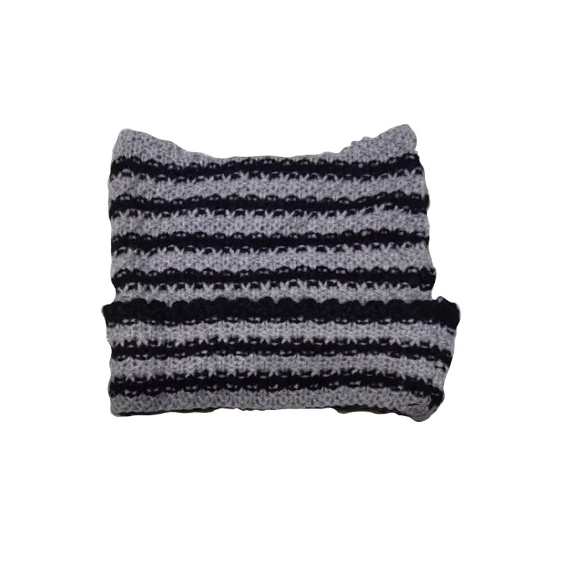 Gorro Feminino Listrado com Estilo Kawaii e Orelhas de Gato – (Promoção de Inverno 2025)