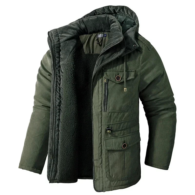 Jaqueta Parka Masculina com Capuz Forrada em Fleece e Algodão Estilo Militar – (Promoção de Inverno 2025)