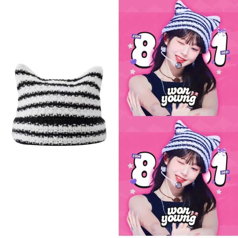 Gorro Feminino Listrado com Estilo Kawaii e Orelhas de Gato – (Promoção de Inverno 2025)