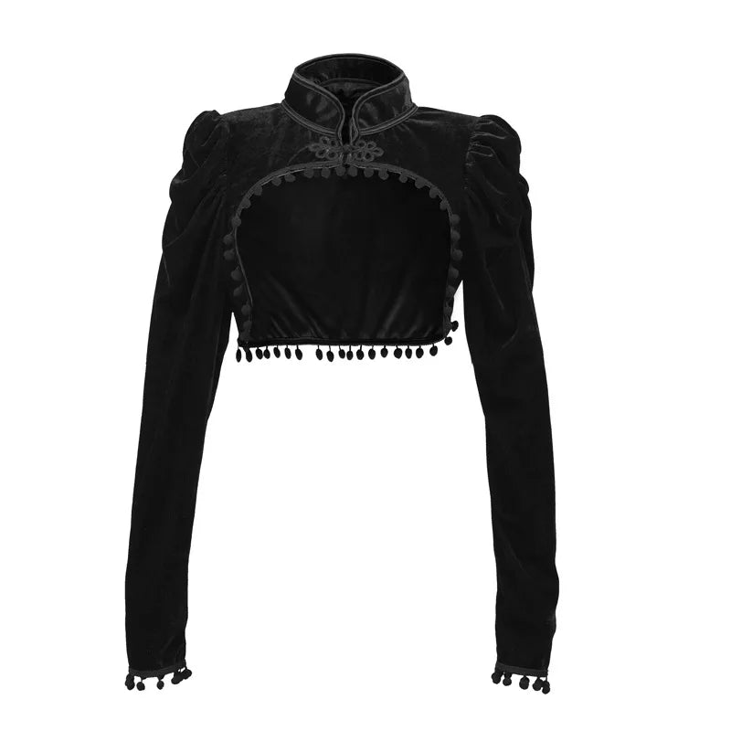 Jaqueta Feminina Gótica com Gola Alta Franjas Estilo Vintage – (Promoção de Inverno 2025)