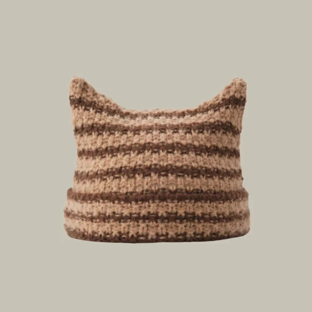 Gorro Feminino Listrado com Estilo Kawaii e Orelhas de Gato – (Promoção de Inverno 2025)
