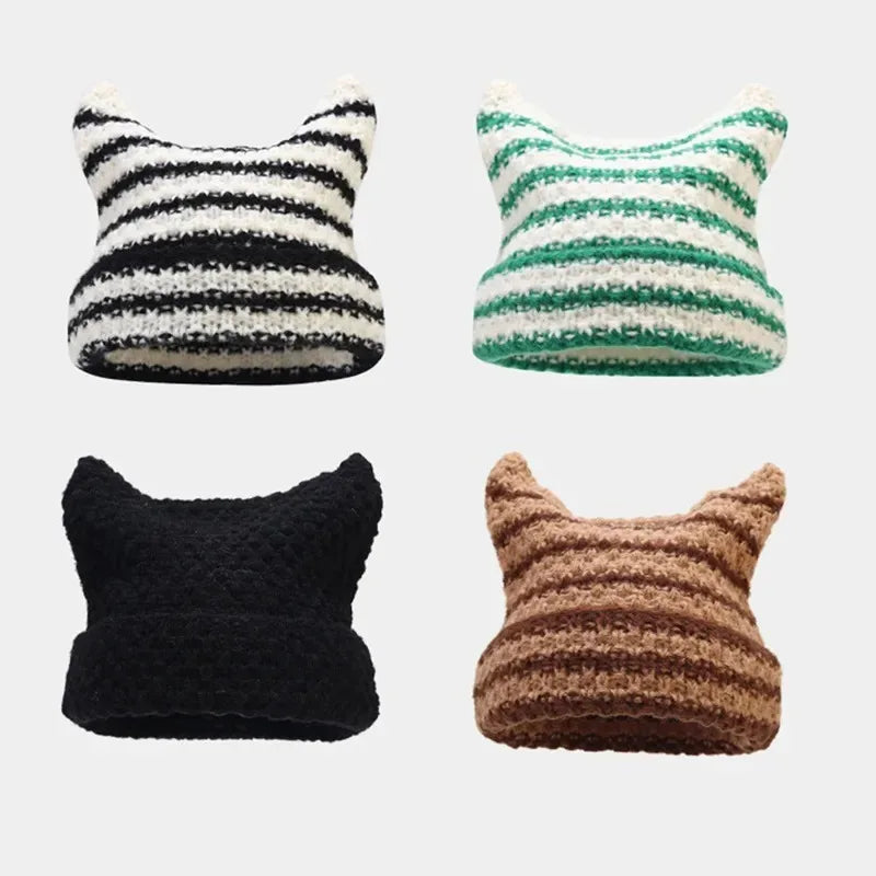 Gorro Feminino Listrado com Estilo Kawaii e Orelhas de Gato – (Promoção de Inverno 2025)