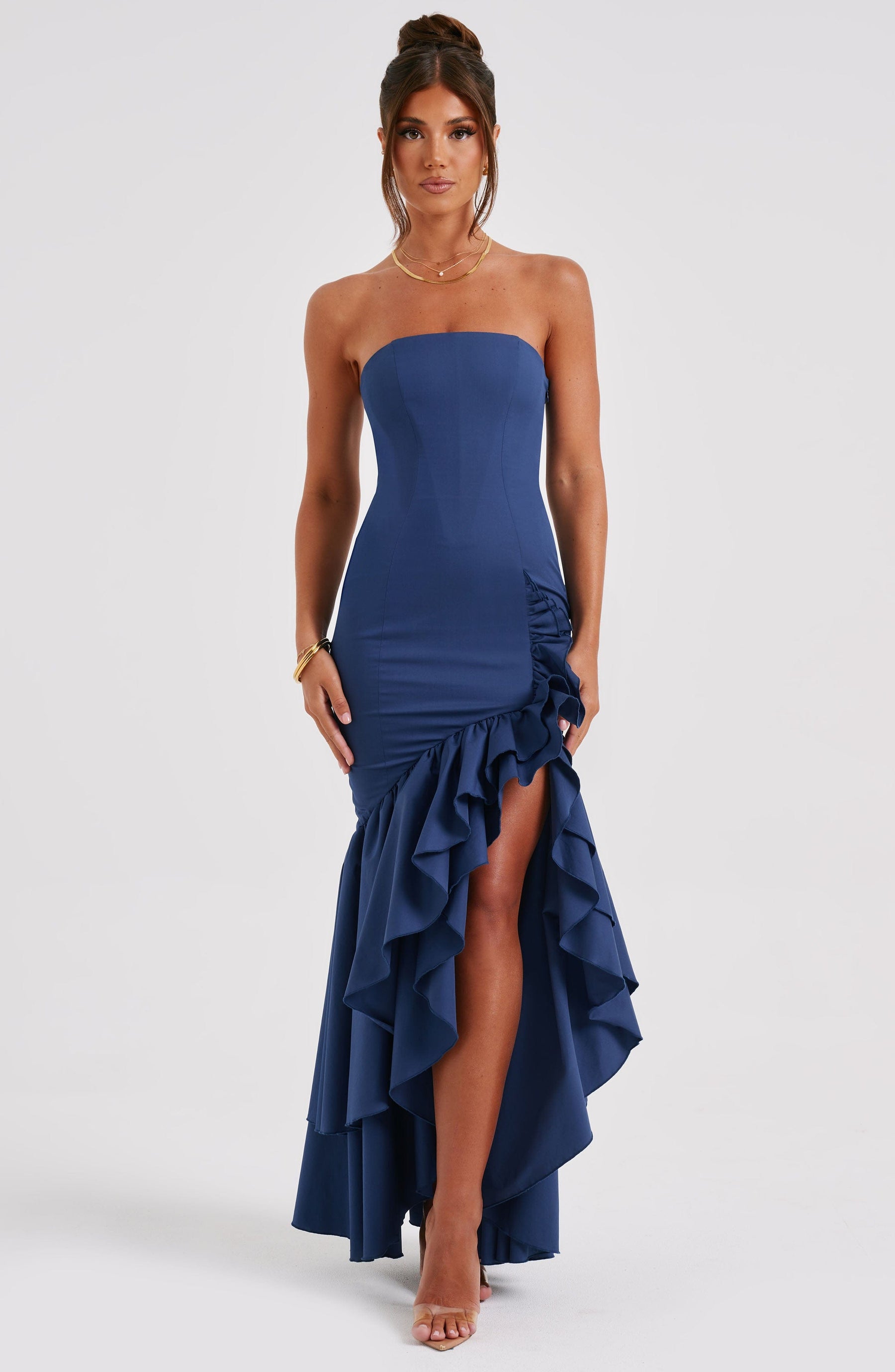 Vestido Longo com Fenda de Babados Modern Angelina