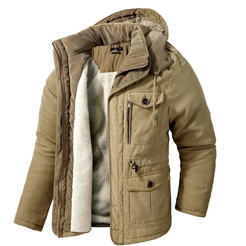 Jaqueta Parka Masculina com Capuz Forrada em Fleece e Algodão Estilo Militar – (Promoção de Inverno 2025)