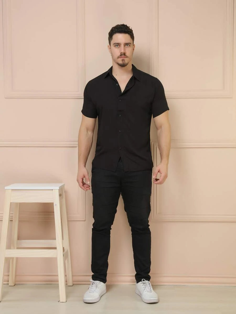 Camisa Social Masculino Manga Curta De Botão Lisa