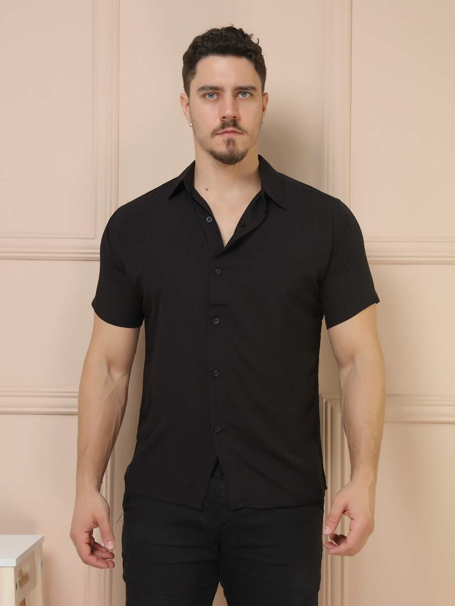 Camisa Social Masculino Manga Curta De Botão Lisa