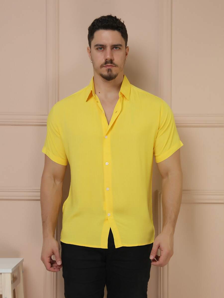 Camisa Social Masculino Manga Curta De Botão Lisa