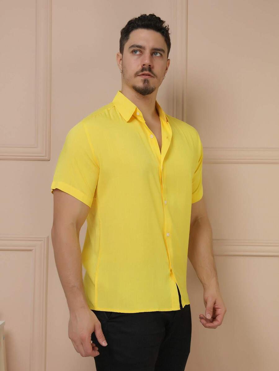 Camisa Social Masculino Manga Curta De Botão Lisa