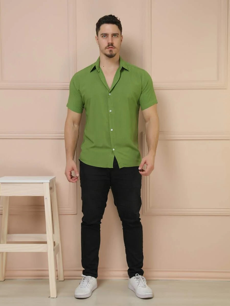Camisa Social Masculino Manga Curta De Botão Lisa