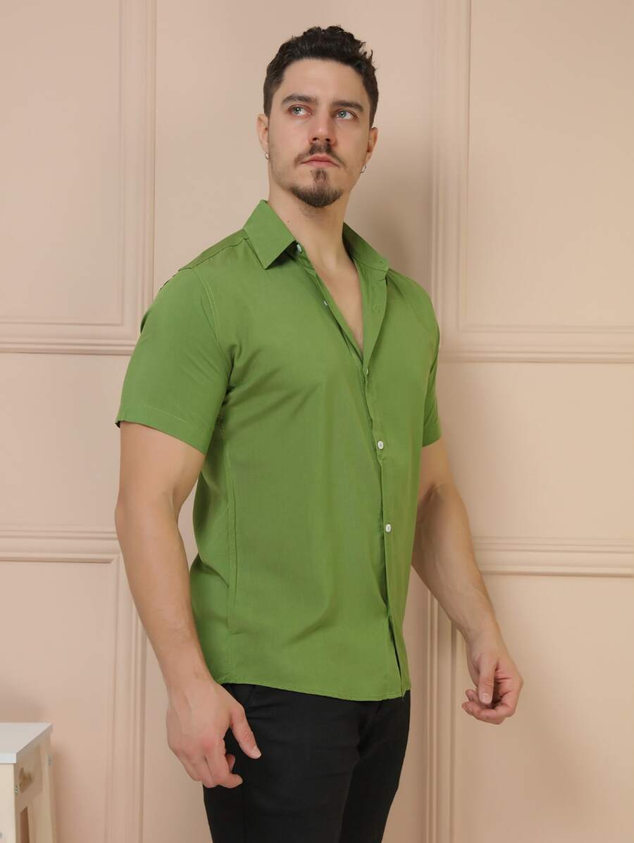 Camisa Social Masculino Manga Curta De Botão Lisa