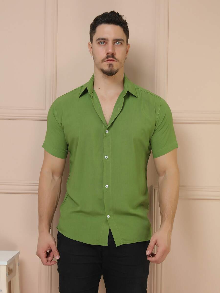 Camisa Social Masculino Manga Curta De Botão Lisa