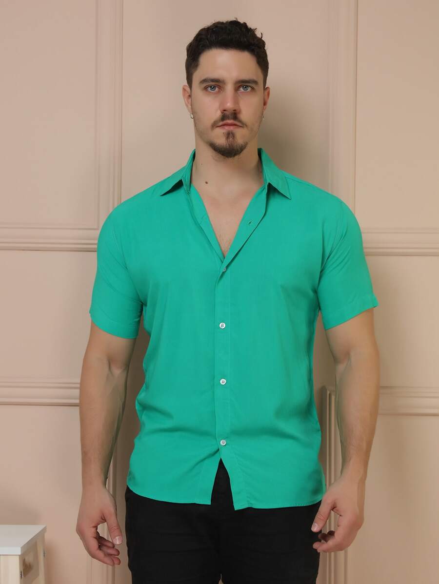 Camisa Social Masculino Manga Curta De Botão Lisa