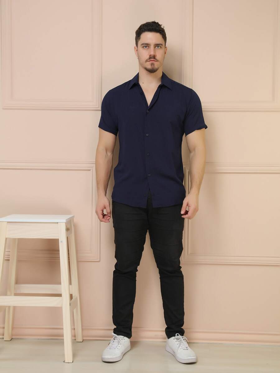 Camisa Social Masculino Manga Curta De Botão Lisa