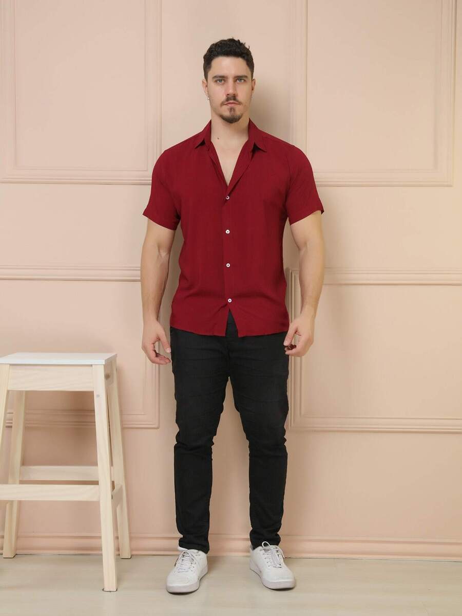 Camisa Social Masculino Manga Curta De Botão Lisa