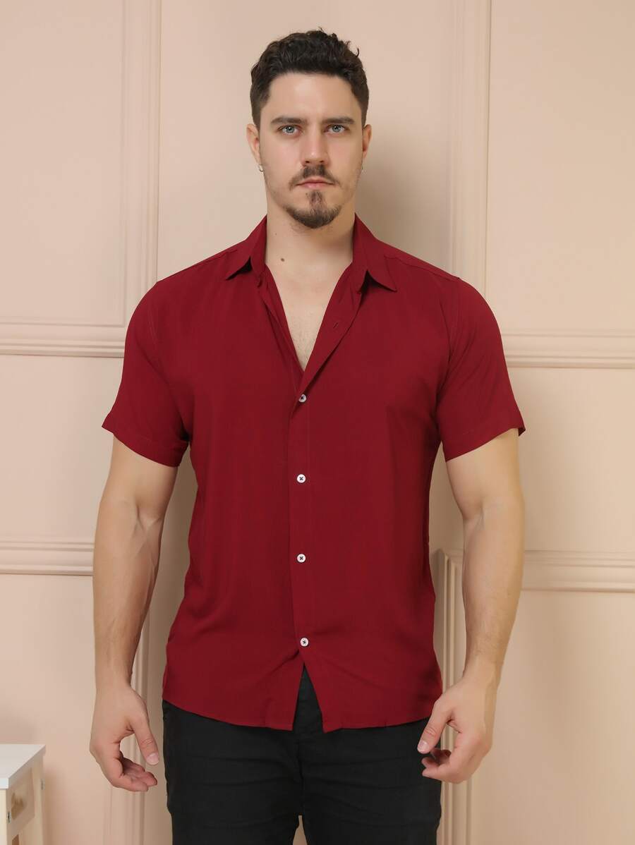 Camisa Social Masculino Manga Curta De Botão Lisa
