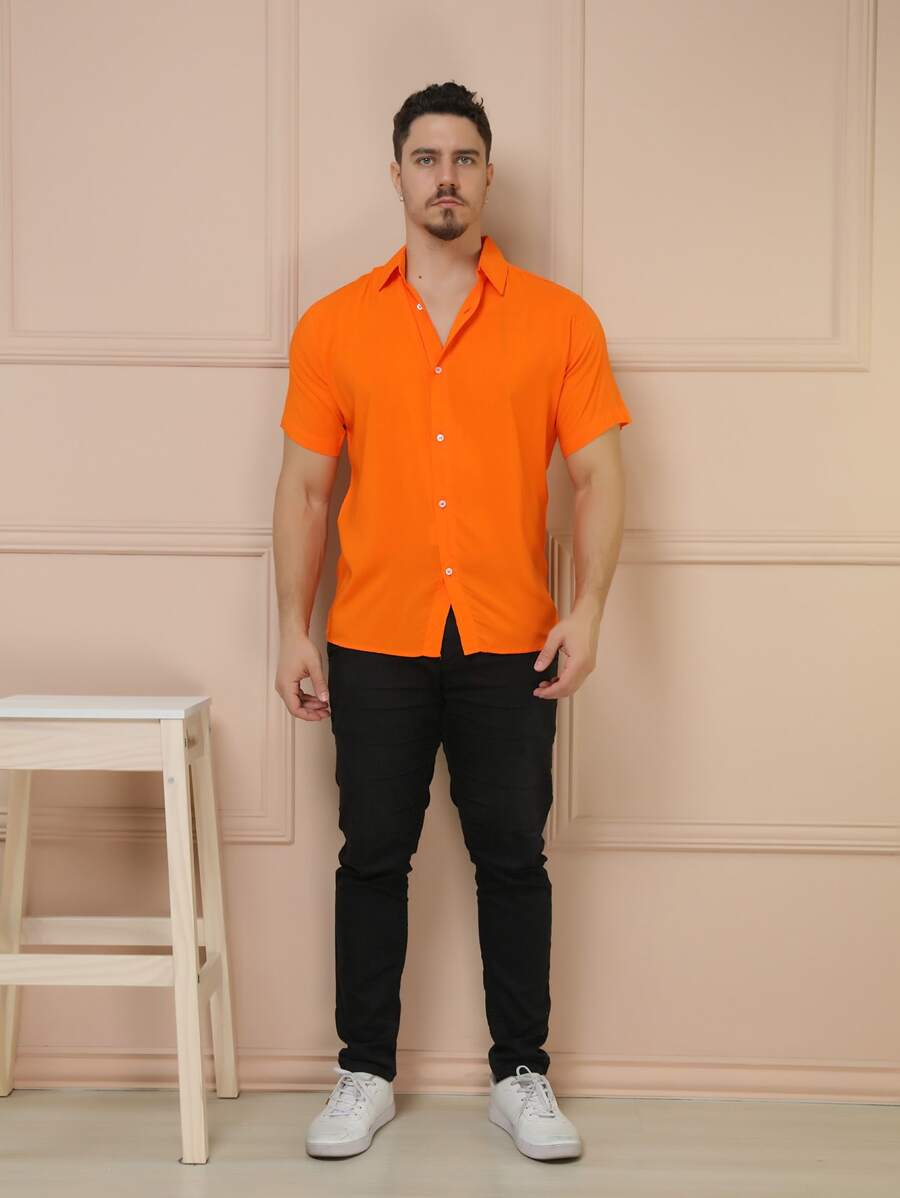 Camisa Social Masculino Manga Curta De Botão Lisa
