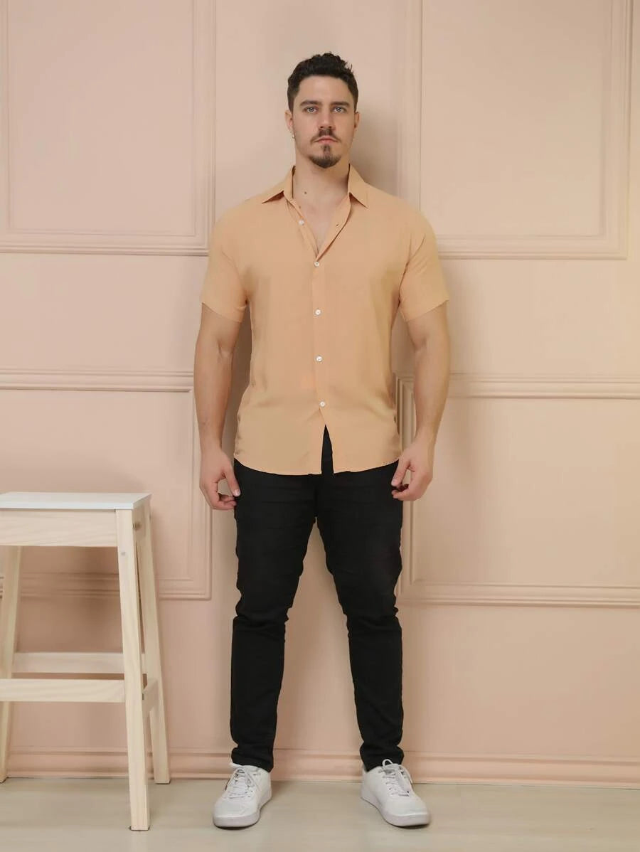 Camisa Social Masculino Manga Curta De Botão Lisa