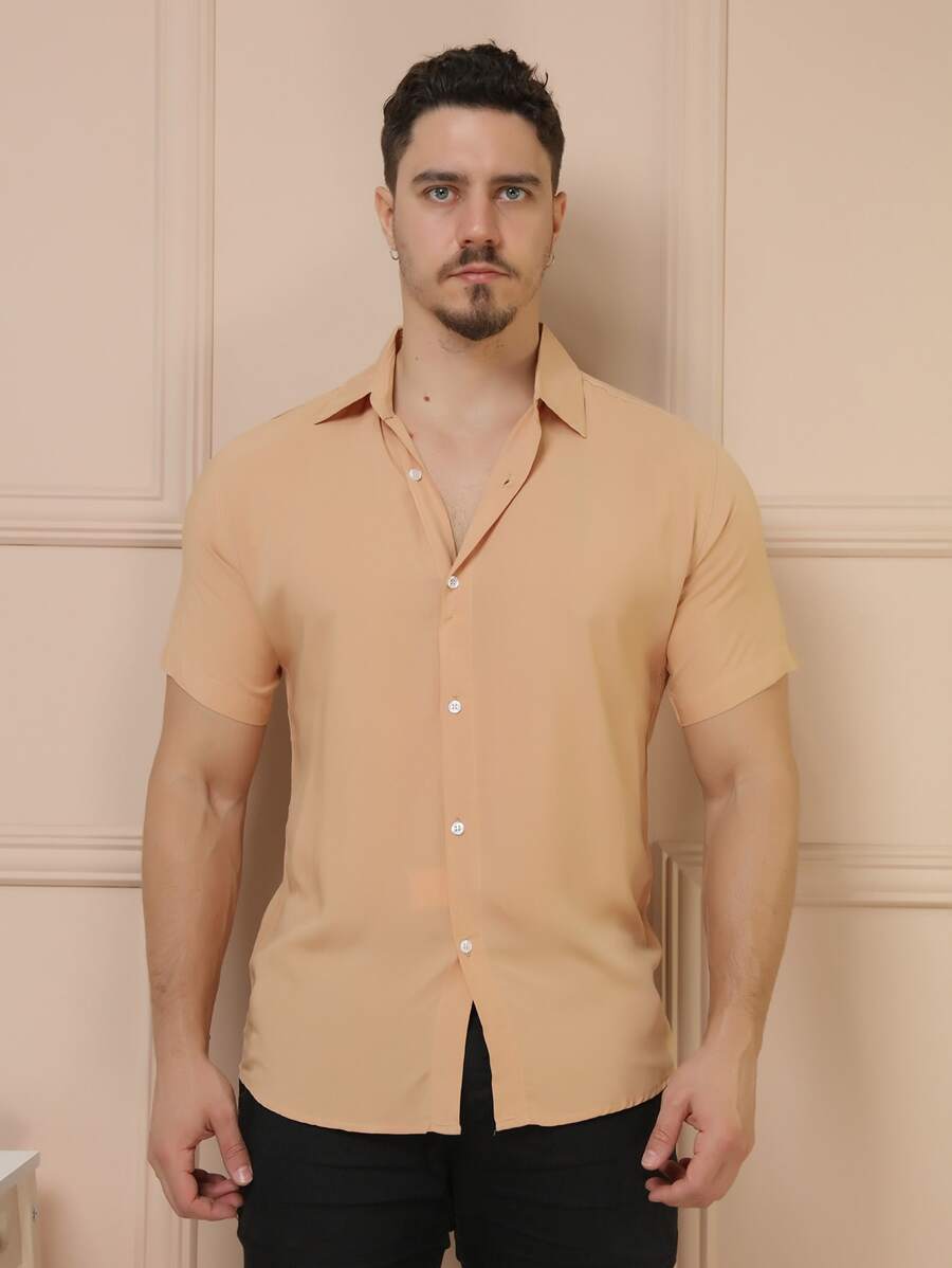 Camisa Social Masculino Manga Curta De Botão Lisa