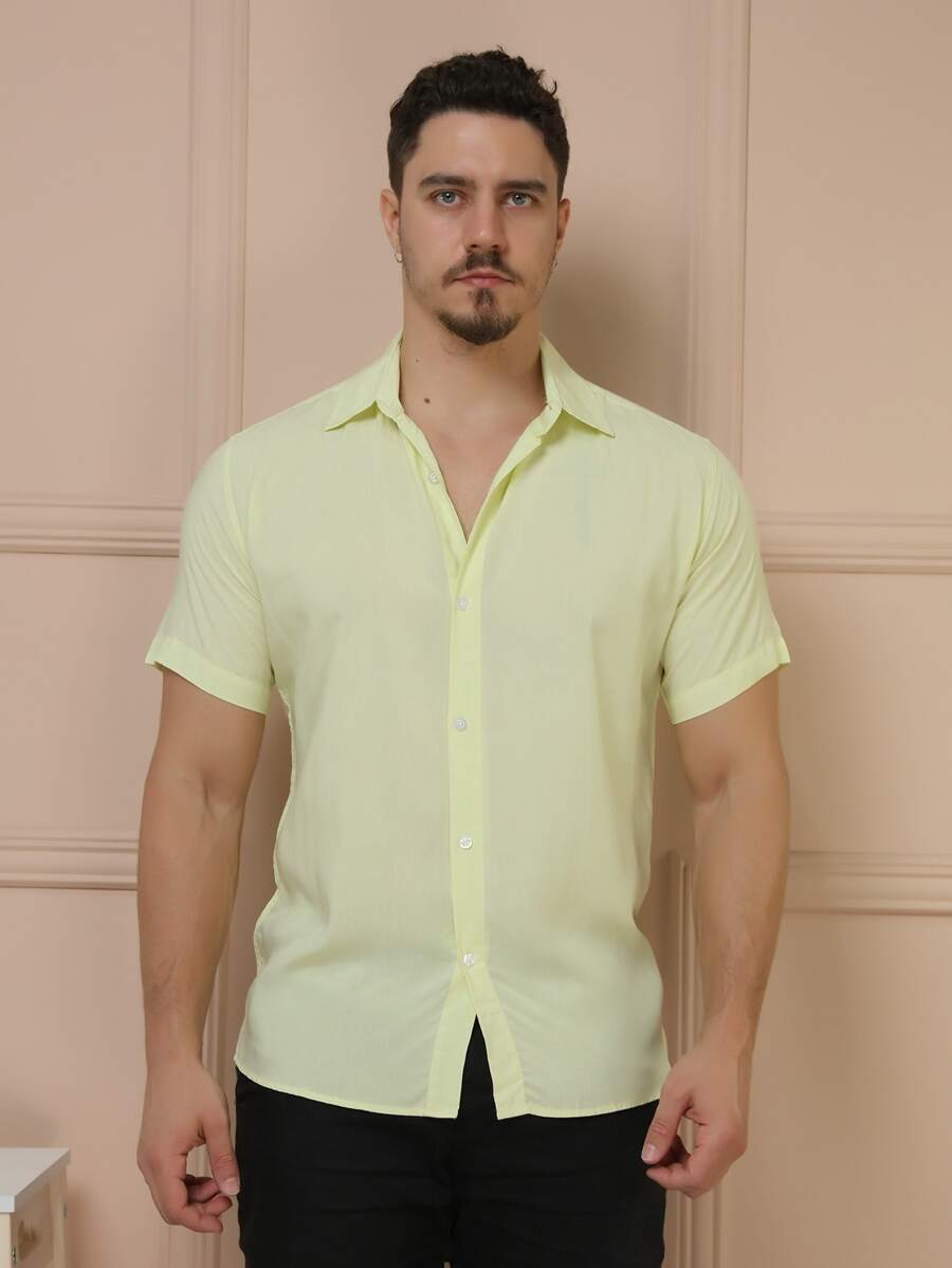 Camisa Social Masculino Manga Curta De Botão Lisa