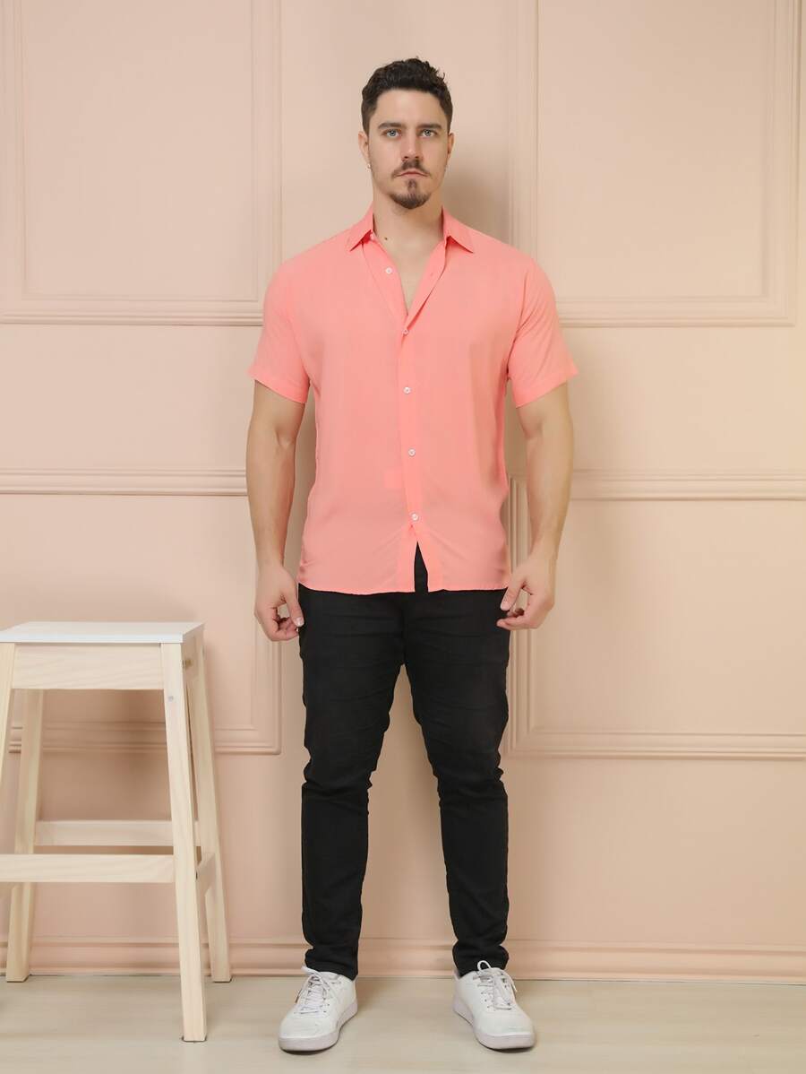 Camisa Social Masculino Manga Curta De Botão Lisa