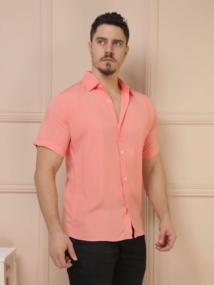 Camisa Social Masculino Manga Curta De Botão Lisa
