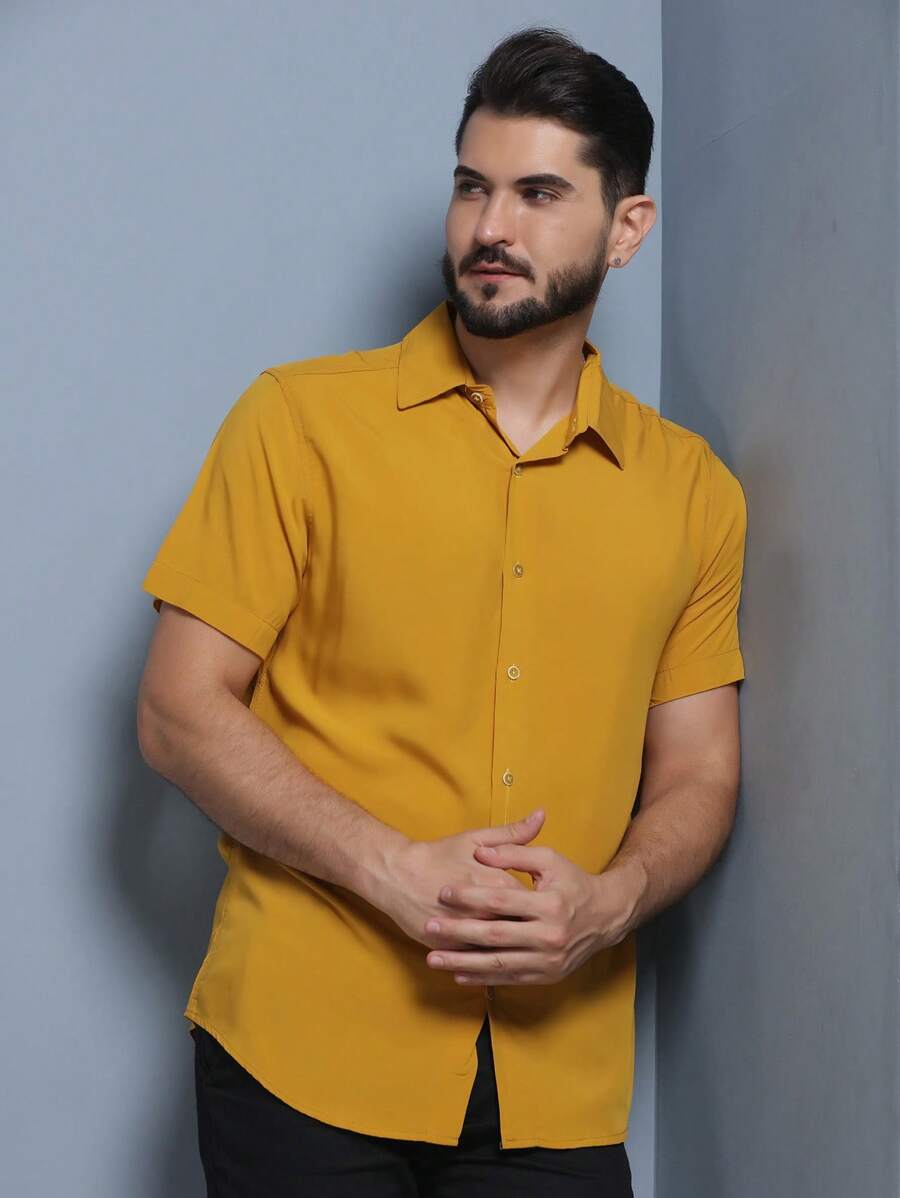 Camisa Social Masculino Manga Curta De Botão Lisa