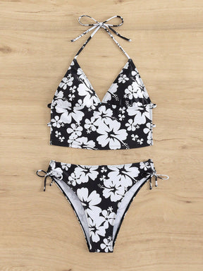 Biquíni Floral Halter Com Laços