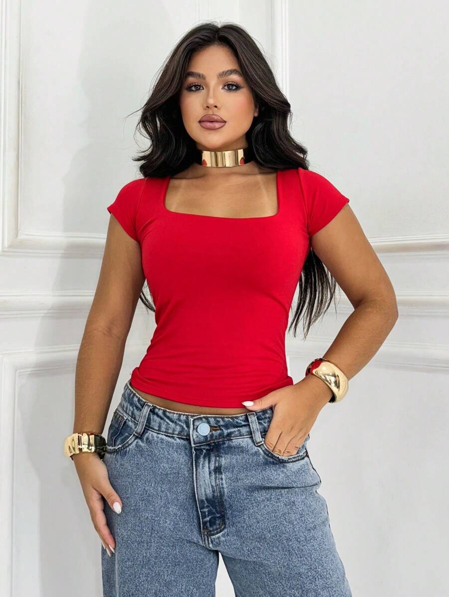 Blusa Feminina Básica Decote Quadrado Manga Curta Baby Look