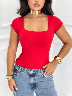 Blusa Feminina Básica Decote Quadrado Manga Curta Baby Look