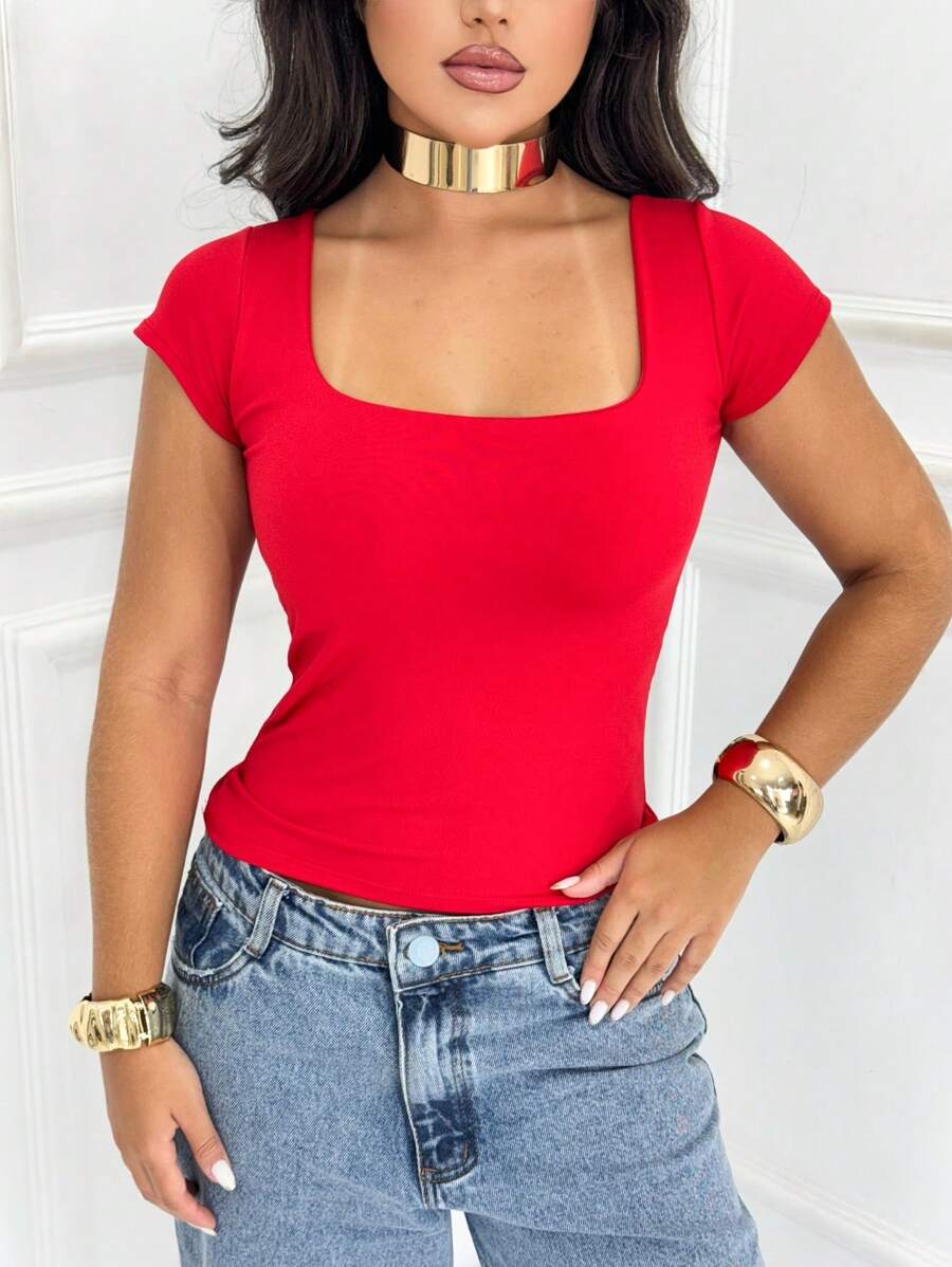 Blusa Feminina Básica Decote Quadrado Manga Curta Baby Look