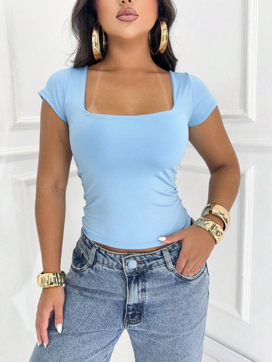 Blusa Feminina Básica Decote Quadrado Manga Curta Baby Look