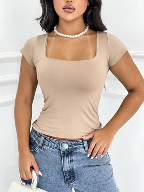 Blusa Feminina Básica Decote Quadrado Manga Curta Baby Look