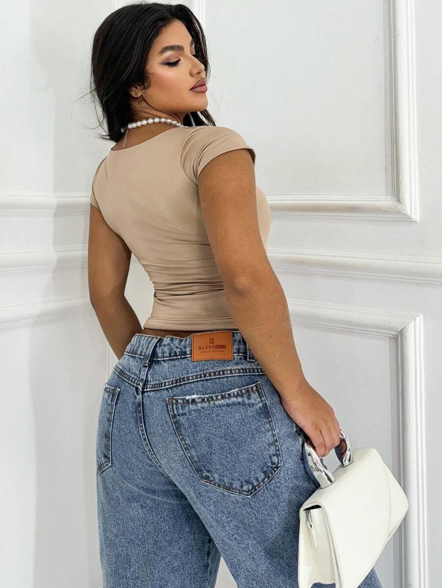 Blusa Feminina Básica Decote Quadrado Manga Curta Baby Look