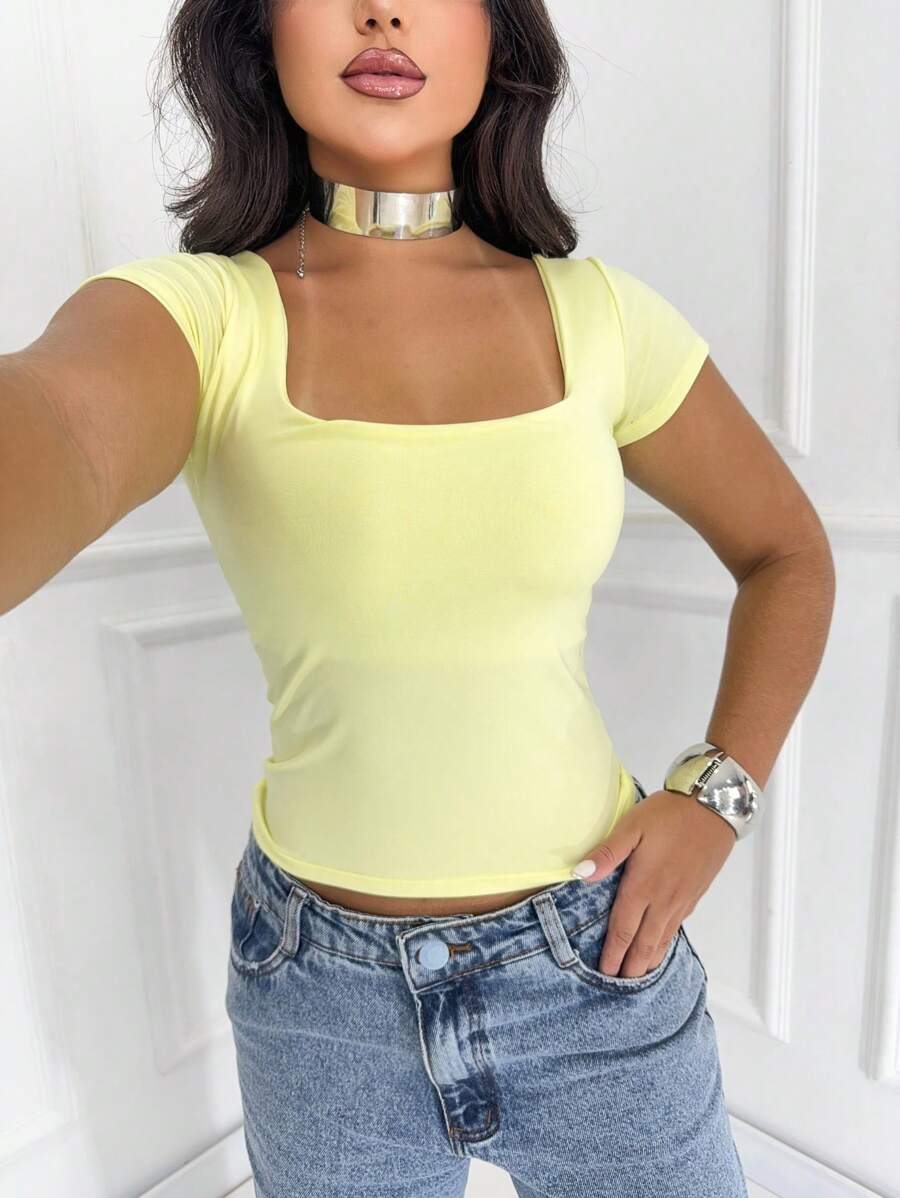 Blusa Feminina Básica Decote Quadrado Manga Curta Baby Look