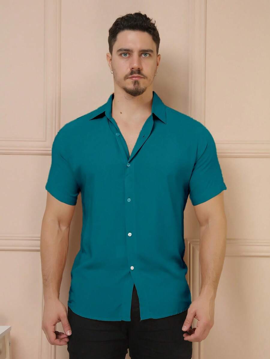 Camisa Social Masculino Manga Curta De Botão Lisa
