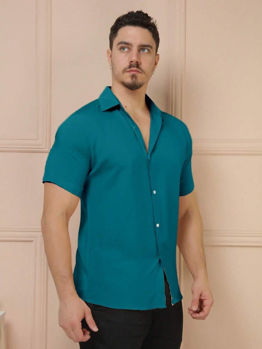 Camisa Social Masculino Manga Curta De Botão Lisa