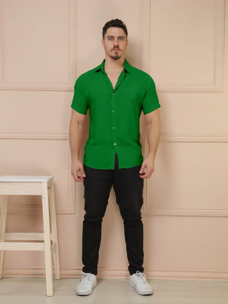 Camisa Social Masculino Manga Curta De Botão Lisa