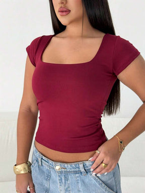 Blusa Feminina Básica Decote Quadrado Manga Curta Baby Look