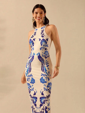 Vestido Midi Estampado Azul Boêmio