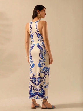Vestido Midi Estampado Azul Boêmio