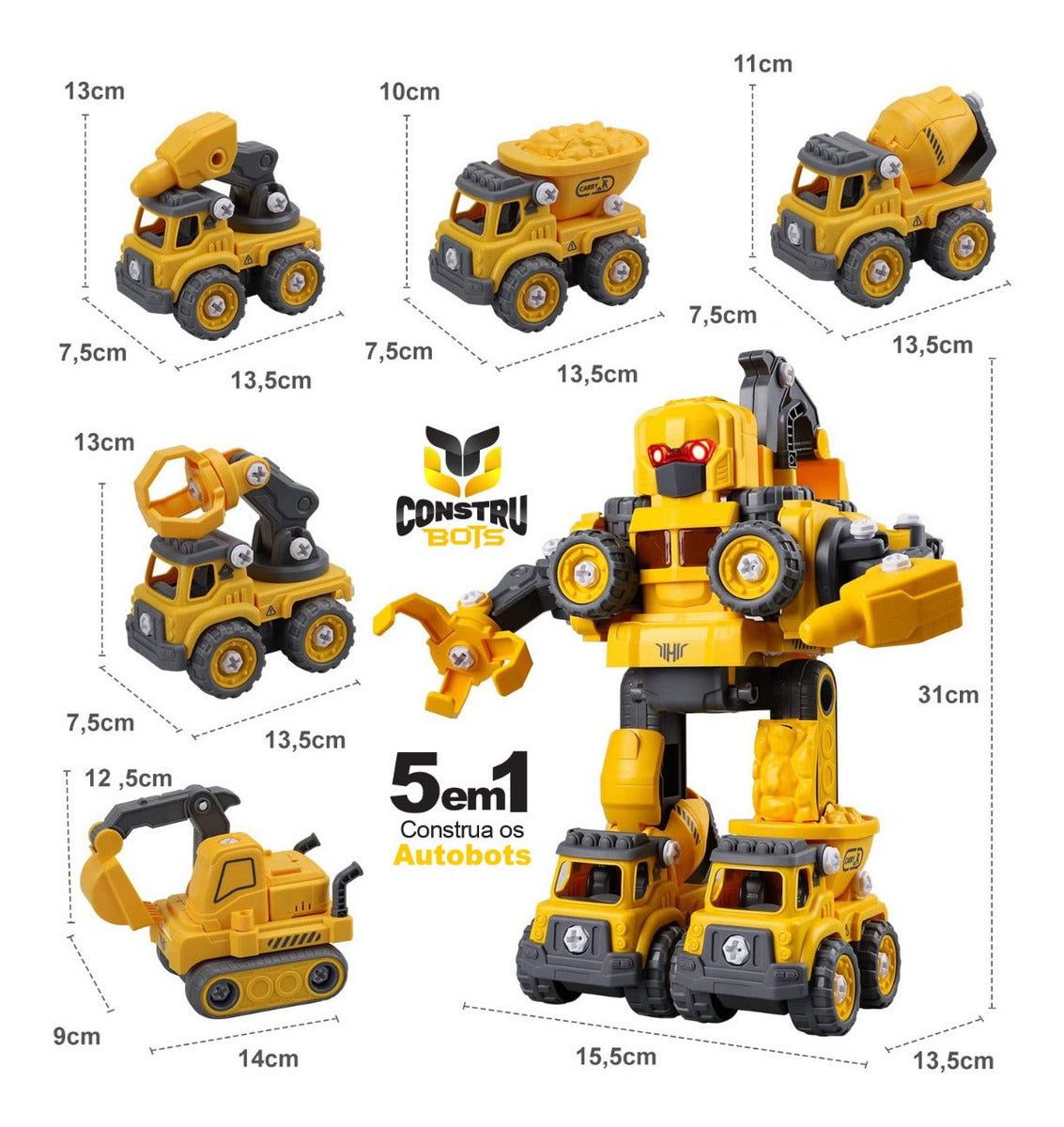Robô Carrinho Brinquedo 5 em 1 Construbots Monta e Desmonta Educativo Infantil com Ferramentas Criativas