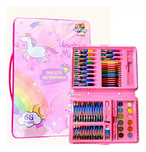 Ninho Boy 68 peças Cor Unicornio Maleta Pintura Infantil Estojo Escolar Canetinha