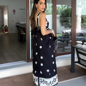 Vestido Midi Preto Bordado Elegante