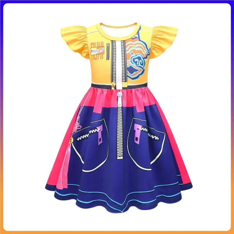 Fantasia Infantil Rumi – Vestido 3D Estampado Amarelo e Azul com Mangas Flutuantes