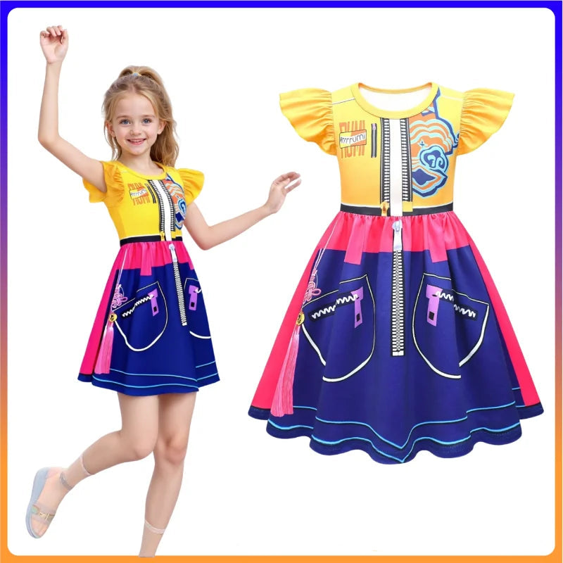 Fantasia Infantil Rumi – Vestido 3D Estampado Amarelo e Azul com Mangas Flutuantes