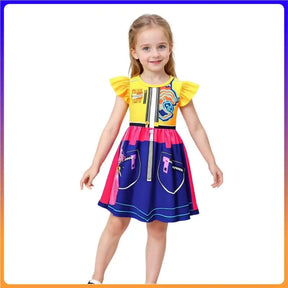 Fantasia Infantil Rumi – Vestido 3D Estampado Amarelo e Azul com Mangas Flutuantes