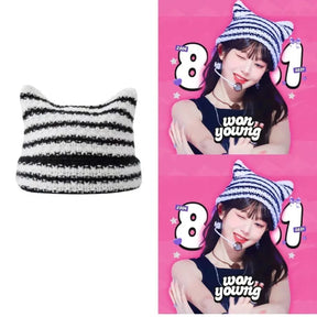 Gorro Feminino Listrado com Estilo Kawaii e Orelhas de Gato – (Promoção de Inverno 2025)